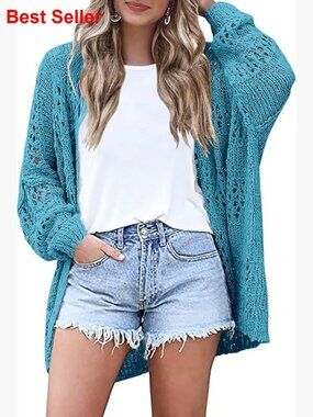 Lightweight Crochet Cardigan Long Sleeve Open Front Oversized Knit Sweater
